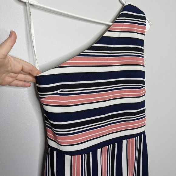 ✨3/$15  J by J.O.A. pink black navy blue striped one shoulder dress S - Picture 2 of 7